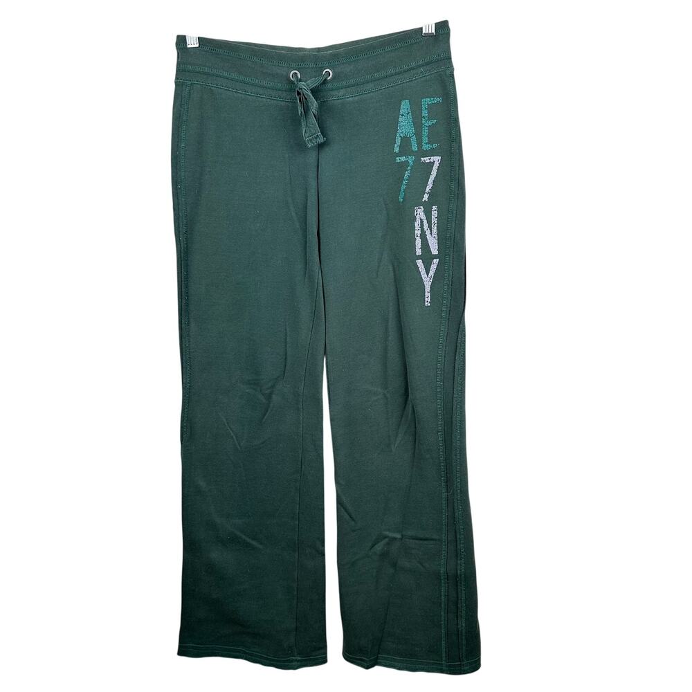 American Eagle Low Rise Wide Leg Sweatpants Vintage Y2K Graphic Dark Green Small